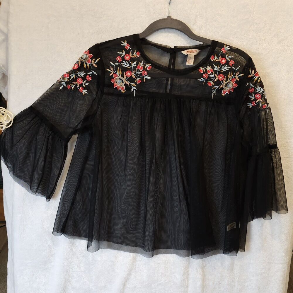 Whimsygoth Fairy Top Blouse Sz L Bell Sleeve Embroidered Floral Flowy Sheer Mesh